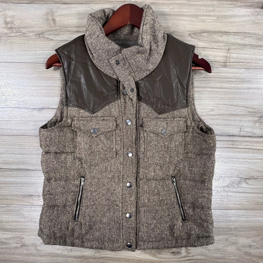 Love Tree Women Brown Tweed Vest Faux Leather Western Yoke Large